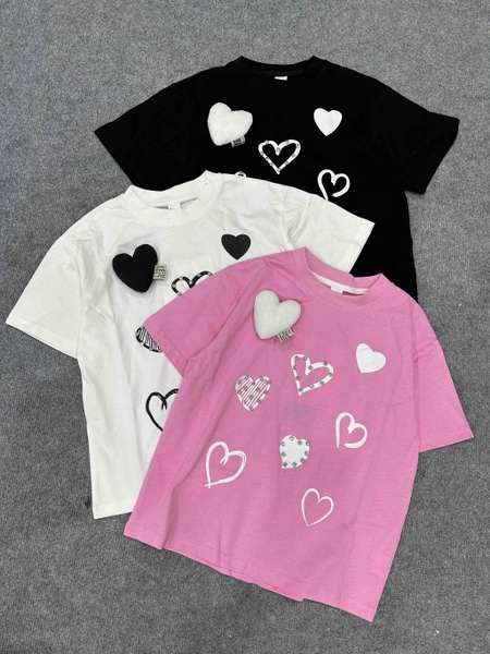 Áo phông cộc tay gắn họa tiết trái tim 3 màu trắng, hồng, đen