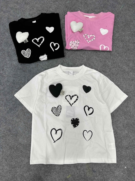 Áo phông cộc tay gắn họa tiết trái tim 3 màu trắng, hồng, đen