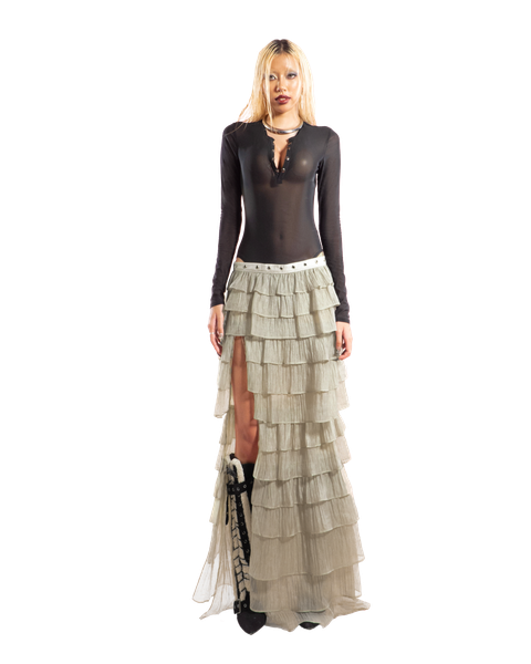 Puzzle Tiered Layer Split Maxi Skirt