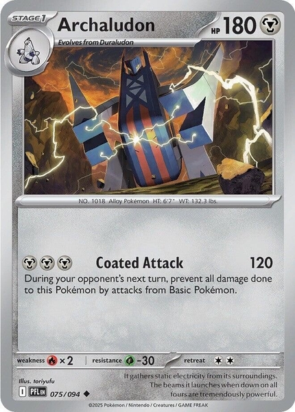 Thẻ hình Pokemon Archaludon 075/094 - Lá bài lẻ Phantasmal Flames Uncommon Reverse Holo tiếng Anh chính hãng