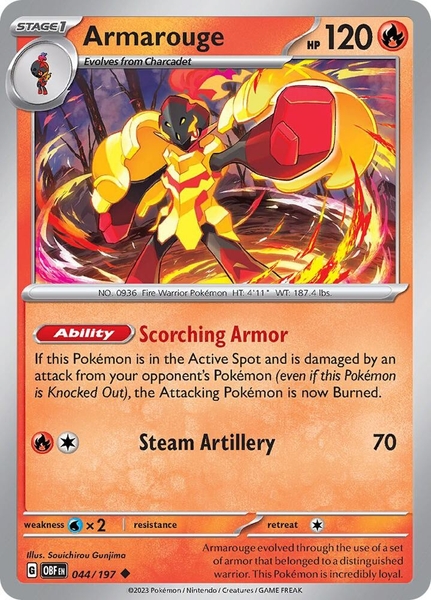 Thẻ hình Pokemon Armarouge 044/197 - Lá bài lẻ Obsidian Flames Uncommon Reverse Holo tiếng Anh chính hãng