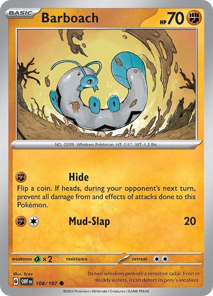 Thẻ hình Pokemon Barboach 108/197 - Lá bài lẻ Obsidian Flames Common Reverse Holo tiếng Anh chính hãng