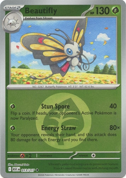 Thẻ hình Pokemon Beautifly 013/217 - Lá bài lẻ Ascended Heroes Uncommon Energy Symbol Holo tiếng Anh chính hãng