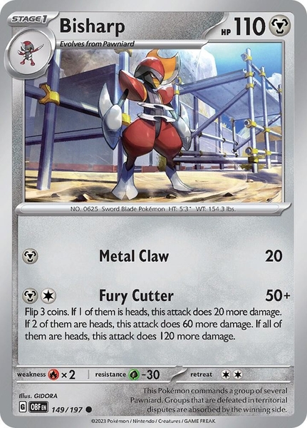 Thẻ hình Pokemon Bisharp 149/197 - Lá bài lẻ Obsidian Flames Common Reverse Holo tiếng Anh chính hãng
