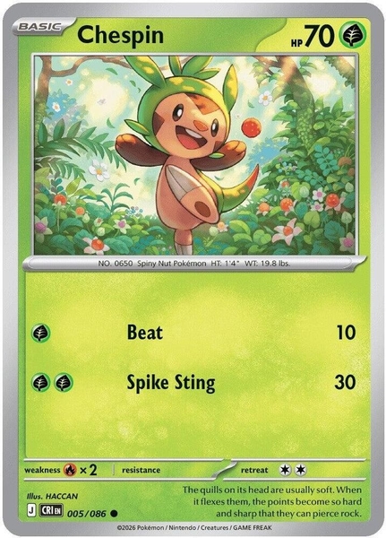 Thẻ hình Pokemon Chespin 005/086 - Lá bài lẻ Chaos Rising Common Reverse Holo tiếng Anh chính hãng