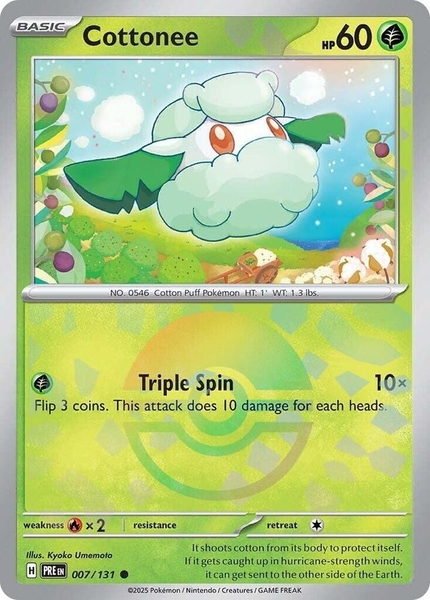 Thẻ hình Pokemon Cottonee 007/131 - Lá bài lẻ Prismatic Evolutions Common Reverse Holo tiếng Anh chính hãng ảnh 2