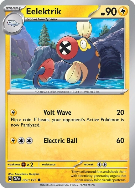 Thẻ hình Pokemon Eelektrik 068/197 - Lá bài lẻ Obsidian Flames Common Reverse Holo tiếng Anh chính hãng