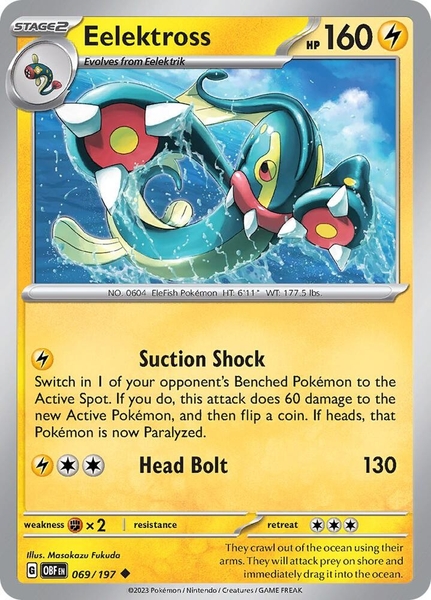 Thẻ hình Pokemon Eelektross 069/197 - Lá bài lẻ Obsidian Flames Uncommon Reverse Holo tiếng Anh chính hãng