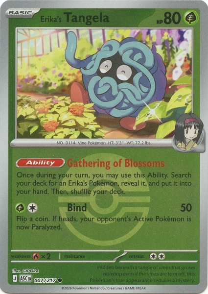 Thẻ hình Pokemon Erika's Tangela 007/217 - Lá bài lẻ Ascended Heroes Common Poke Ball Holo tiếng Anh chính hãng