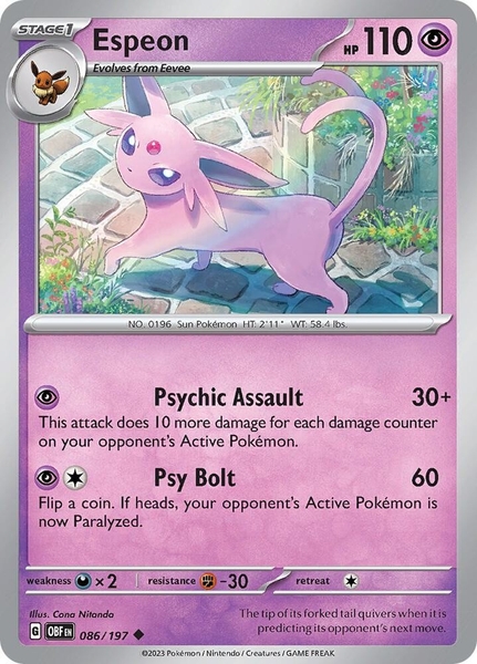 Thẻ hình Pokemon Espeon 086/197 - Lá bài lẻ Obsidian Flames Uncommon Reverse Holo tiếng Anh chính hãng