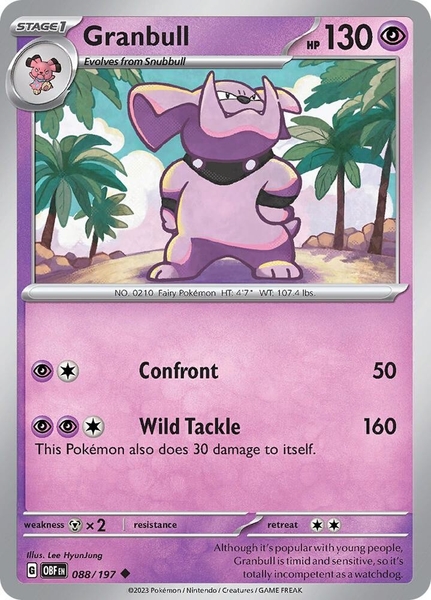 Thẻ hình Pokemon Granbull 088/197 - Lá bài lẻ Obsidian Flames Uncommon Reverse Holo tiếng Anh chính hãng