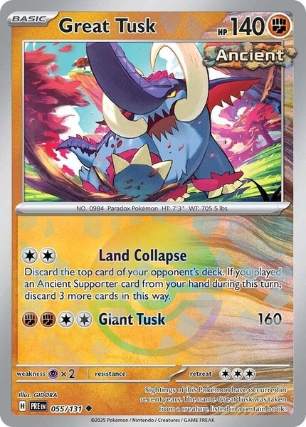 Thẻ hình Pokemon Great Tusk 055/131 - Lá bài lẻ Prismatic Evolutions Uncommon Reverse Holo tiếng Anh chính hãng ảnh 2