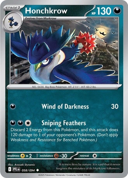 Thẻ hình Pokemon Honchkrow 058/094 - Lá bài lẻ Phantasmal Flames Uncommon Reverse Holo tiếng Anh chính hãng