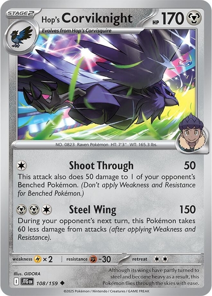 Thẻ hình Pokemon Hop's Corviknight 108/159 - Lá bài lẻ Journey Together Uncommon Reverse Holo tiếng Anh chính hãng