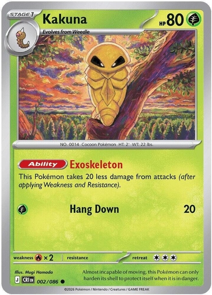 Thẻ hình Pokemon Kakuna 002/086 - Lá bài lẻ Chaos Rising Common Reverse Holo tiếng Anh chính hãng