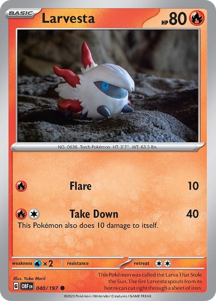 Thẻ hình Pokemon Larvesta 040/197 - Lá bài lẻ Obsidian Flames Common Reverse Holo tiếng Anh chính hãng