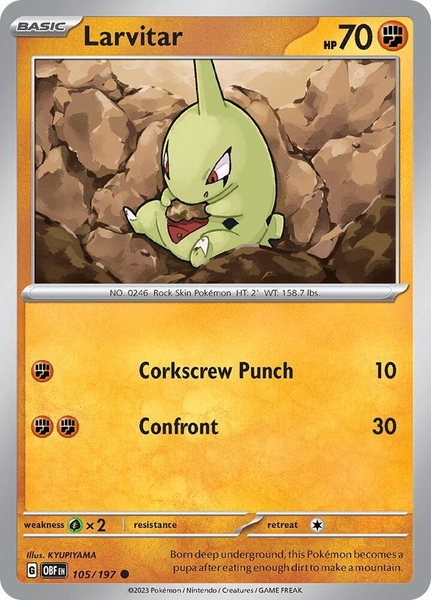 Thẻ hình Pokemon Larvitar 105/197 - Lá bài lẻ Obsidian Flames Common Reverse Holo tiếng Anh chính hãng