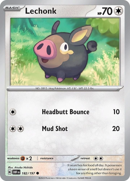 Thẻ hình Pokemon Lechonk 182/197 - Lá bài lẻ Obsidian Flames Common Reverse Holo tiếng Anh chính hãng