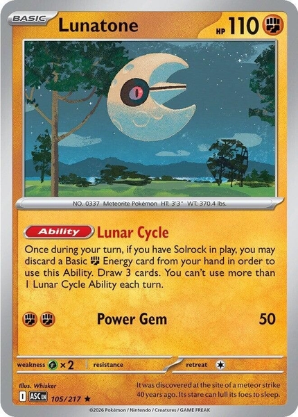 Thẻ hình Pokemon Lunatone 105/217 - Lá bài lẻ Ascended Heroes Holo Rare Dusk Ball Holo tiếng Anh chính hãng