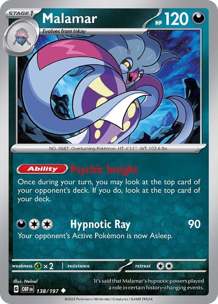 Thẻ hình Pokemon Malamar 138/197 - Lá bài lẻ Obsidian Flames Uncommon Reverse Holo tiếng Anh chính hãng