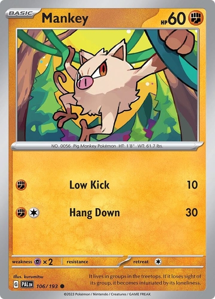 Thẻ hình Pokemon Mankey 106/193 - Lá bài lẻ Paldea Evolved Common Reverse Holo tiếng Anh chính hãng