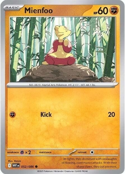 Thẻ hình Pokemon Mienfoo 052/086 - Lá bài lẻ White Flare Common Reverse Holo tiếng Anh chính hãng