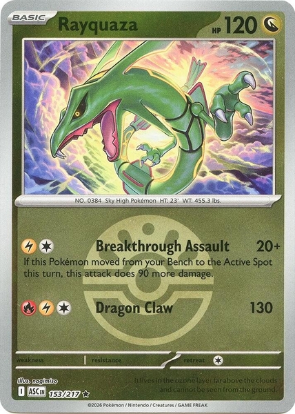 Thẻ hình Pokemon Rayquaza 153/217 - Lá bài lẻ Ascended Heroes Rare Friend Ball Holo tiếng Anh chính hãng