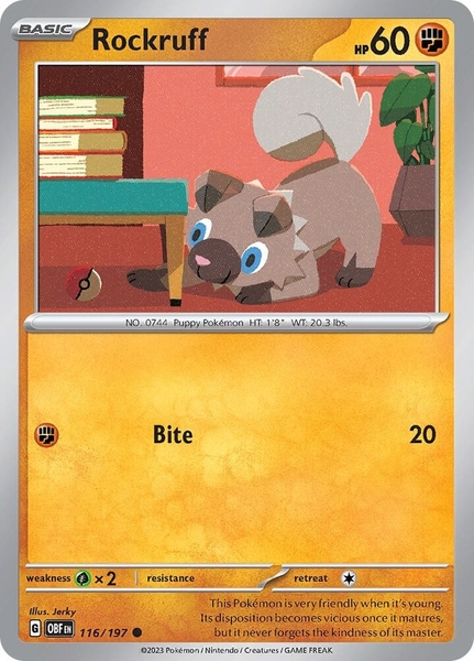 Thẻ hình Pokemon Rockruff 116/197 - Lá bài lẻ Obsidian Flames Common Reverse Holo tiếng Anh chính hãng
