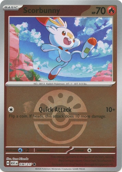 Thẻ hình Pokemon Scorbunny 036/217 - Lá bài lẻ Ascended Heroes Common Friend Ball Holo tiếng Anh chính hãng