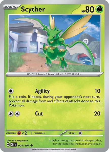 Thẻ hình Pokemon Scyther 004/197 - Lá bài lẻ Obsidian Flames Common Reverse Holo tiếng Anh chính hãng