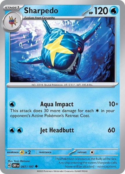 Thẻ hình Pokemon Sharpedo 047/197 - Lá bài lẻ Obsidian Flames Uncommon Reverse Holo tiếng Anh chính hãng