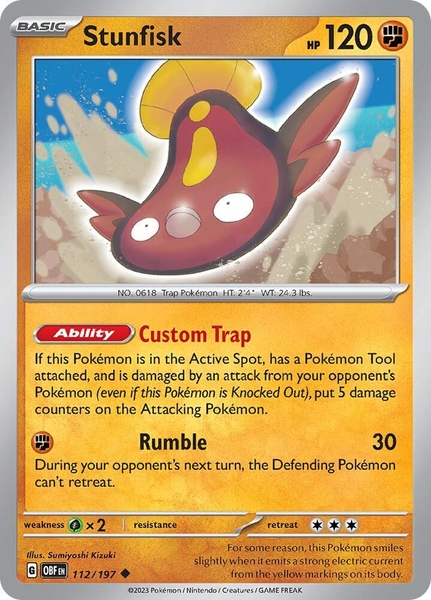 Thẻ hình Pokemon Stunfisk 112/197 - Lá bài lẻ Obsidian Flames Uncommon Reverse Holo tiếng Anh chính hãng
