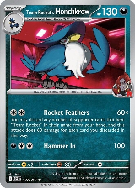 Thẻ hình Pokemon Team Rocket's Honchkrow 127/217 - Lá bài lẻ Ascended Heroes Holo Rare Team Rocket Holo tiếng Anh chính hãng