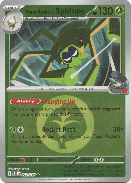 Thẻ hình Pokemon Team Rocket's Spidops 019/217 - Lá bài lẻ Ascended Heroes Rare Energy Symbol Holo tiếng Anh chính hãng