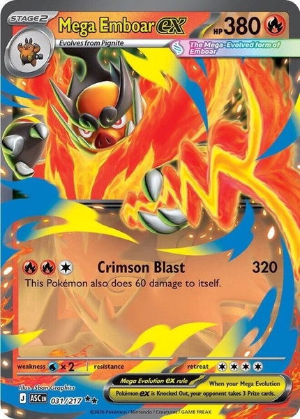 Thẻ hình Pokemon Mega Emboar ex 031/217 - Lá bài lẻ Ascended Heroes Double Rare tiếng Anh chính hãng