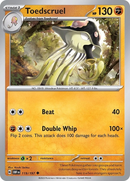 Thẻ hình Pokemon Toedscruel 119/197 - Lá bài lẻ Obsidian Flames Uncommon Reverse Holo tiếng Anh chính hãng