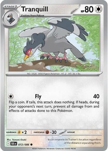 Thẻ hình Pokemon Tranquill 072/086 - Lá bài lẻ Black Bolt Common Reverse Holo tiếng Anh chính hãng