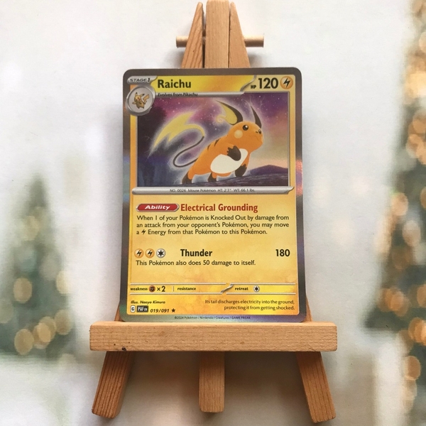 Thẻ hình Pokemon Raichu 019/091 - Lá bài lẻ Paldean Fates Uncommon Reverse Holo tiếng Anh chính hãng ảnh 3