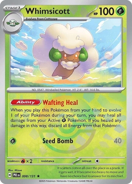 Thẻ hình Pokemon Whimsicott 008/131 - Lá bài lẻ Prismatic Evolutions Rare Reverse Holo tiếng Anh chính hãng ảnh 3