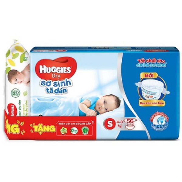 (TẶNG KHĂN ƯỚT) Tã dán sơ sinh Huggies size S 56 miếng.