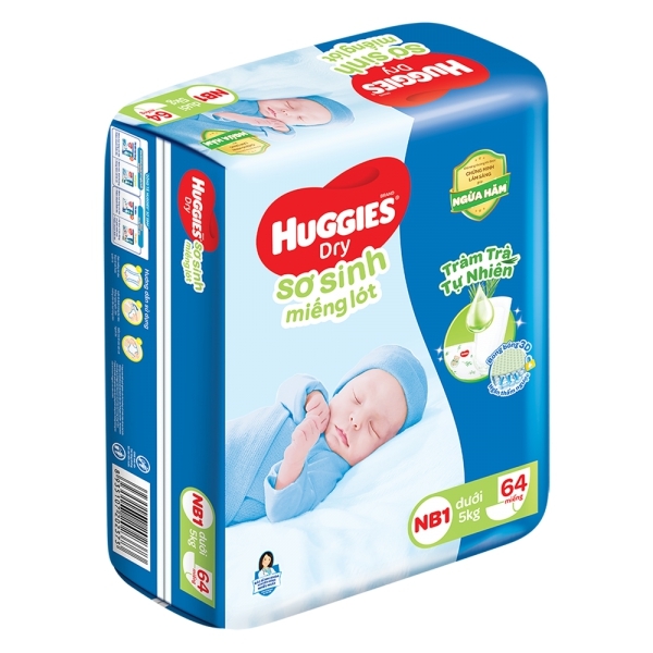 Miếng lót Huggies (Newborn 1, dưới 5kg, 64 miếng) + Tặng 10 Miếng