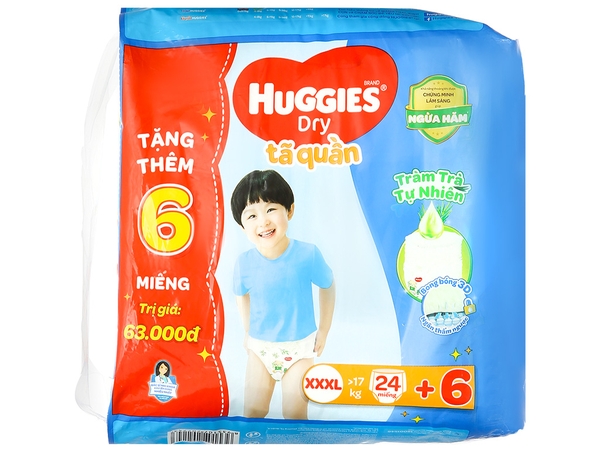 Tã quần Huggies Dry Pants size XXXL 24 miếng (>17kg) + 6 Miếng Tặng