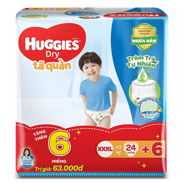 Tã quần Huggies Dry Pants size XXXL 24 miếng (>17kg) + 6 Miếng Tặng