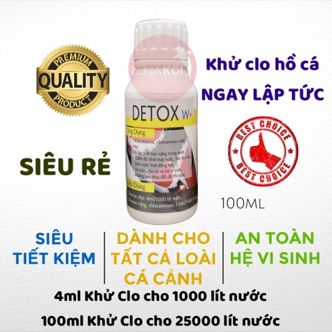 Detox W+ 100ml khử Clo, Clorine, giảm kim loại nặng hồ cá cảnh, bể cá cảnh tiết kiệm, hiệu quả