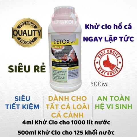 Detox W+ 500ml khử Clo, Clorine giảm kim loại nặng hồ cá Koi, hồ cá cảnh ngay lập tức