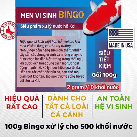 Bingo Men vi sinh làm trong nước hồ cá Koi tốt nhất hiện nay, xử lý mùi hôi tanh, khử chất độc trong nước gói 100g