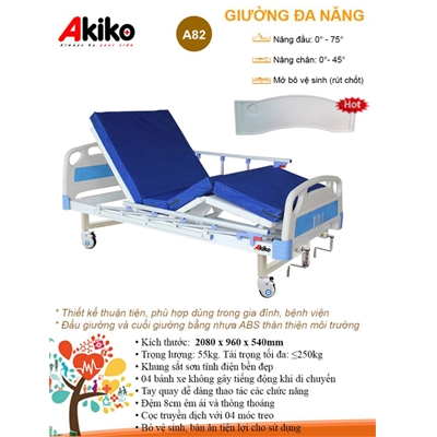 Giường bệnh nhân 2 tay quay Akiko A82 có bàn ăn và bô vệ sinh