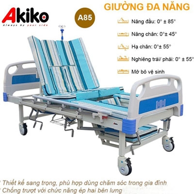 Giường bệnh nhân 5 tay quay đa chức năng Akiko A85 có bô, bàn ăn, chậu gội đầu