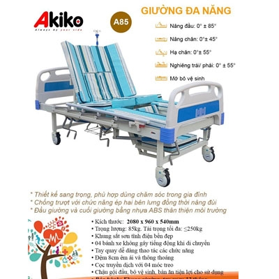 Giường bệnh nhân 5 tay quay đa chức năng Akiko A85 có bô, bàn ăn, chậu gội đầu