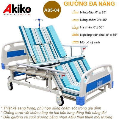 Giường bệnh nhân đa năng 4 tay quay Akiko A85-04 có bô vệ sinh, bàn ăn, chậu gội đầu